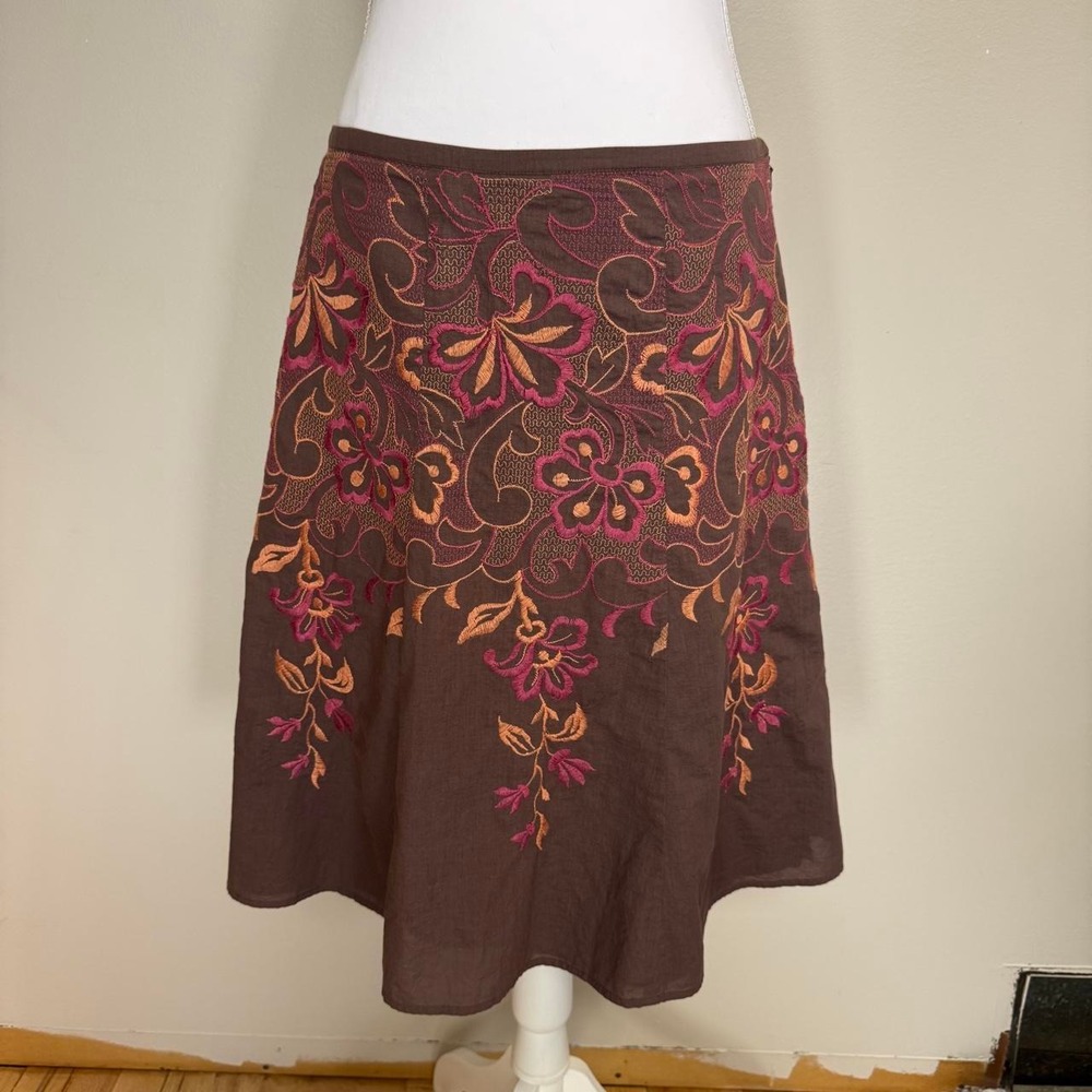 Axcess VTG 80s Chocolate Brown Embroidered A-Line Flare Skirt Womens 6 Boho Y2k
